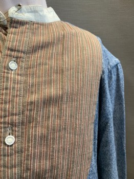 PRIMARK, Blue, Brown, Cotton, Heathered, Stripes, Band Collar, L/S, Button Front, Brown and Faded Brown Striped Bib, White Collar and Cuffs
