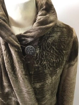 MTO, Coffee Brown, Cotton, Cocoon Coat, 3 Beautiful Flower Buttons with Thread Loops,  High Collar, Velveteen with the Impression of Being Persian Lamb in Some Areas, Godets in Skirt of Coat, Quintessential 1920s Coat, New Lining Put In, Heavy,