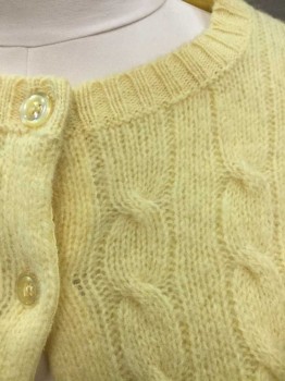 ASTON, Lt Yellow, Wool, Cable Knit, Cable Knit, Long Sleeves, Yellow Buttons, Round Neck, Cardigan