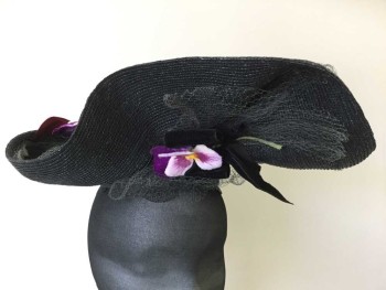 MTO, Black, Maroon Red, Purple, Green, Yellow, Straw, Straw Molded Wave Front Hat with Gray Mesh and Black Velvet Bow Front, Purple Velvet Flowers Front, Maroon/purple Velvet Flowers Top with Green and Black Feathers and Gray Mesh,