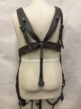 MTO, Brown, Suede, Metallic/Metal, Solid, Heavily Aged/Distressed, Mix Of Suede, Leather, Canvas and Mismatched Found Metal Hardware. Leg Split with Straps, 2pc-- Balled Up Tan./cream/lt Blue Kerchief Stuffed In Pocket,