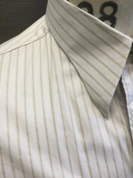 MTO, White, Lt Brown, Cotton, Stripes, Button Front, Curved Pointed Collar, Long Sleeves, Cuffs Need Cufflinks