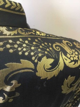 JOEY RICHI, Black, Gold, Silk, Polyester, Floral, Novelty Pattern, With Greek Key/Angels/Virgin Mary in Gold Thread, B.F., C.A., L/S,