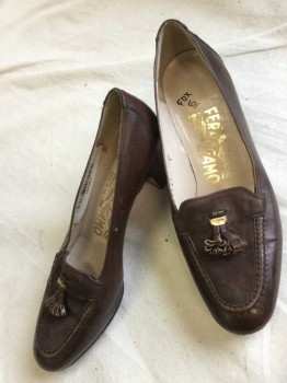 FERRAGAMO, Brown, Gold, Leather, Suede, Solid, Loafer Style Pump with Suede Panel At Front, with Small Gold Metal Logo Detail with Leather Tassles, Rounded Square Toe, Chunky 2" Heel, *Some Light Scuffing Throughout