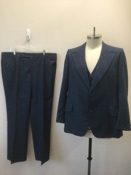 ACADEMY AWARD CLOTHE, Dk Blue, White, Wool, Stripes - Pin, Single Breasted, Wide Peaked Lapel, 3 Pockets, Plum Lining,