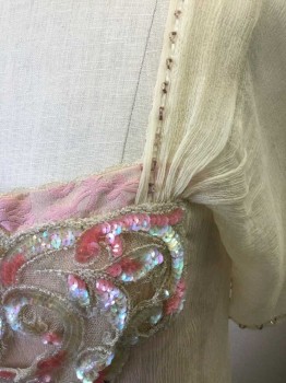 N/L, Cream, Pink, Blush Pink, Silk, Beaded, Solid, Floral, Cream Sheer Crinkled Chiffon Overlayer, Pink and Blush Floral Brocade Underlayer, Short Sleeves, Square Neck, Empire Waist, Beaded Sheer Net Panel with Assorted Beads, Tassles at Bust, Chiffon Layer Ends at Mid Calf to Reveal Brocade at Hem/Train, Made To Order