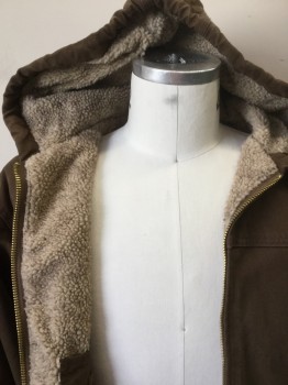 BERNIE, Chocolate Brown, Oatmeal Brown, Cotton, Polyester, Solid, Heathered, Chocolate Brown W/heather Oatmeal Sheep Lining, with Hood, Yoke, Brass Zip Front, 2 Pockets, Long Sleeves, Side Hem Zippers, Brown Ribbed Knit Cuff Inside Sleeves Hem