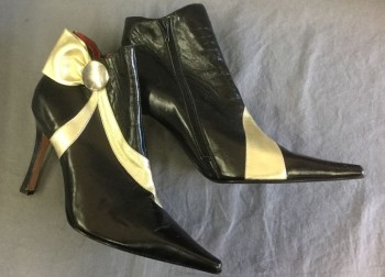 BESTON, Black, Gold, Leather, Ankle Boots, Black with Gold Metallic Leather in Wrapped Stripes, with 3 Day Half Bow Near Ankle, Large Metal Circle Attached to Half Bow, Pointed Toe, Side Zip, 4" Heel, Red Leather Lining,