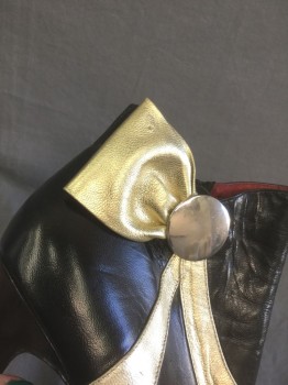 BESTON, Black, Gold, Leather, Ankle Boots, Black with Gold Metallic Leather in Wrapped Stripes, with 3 Day Half Bow Near Ankle, Large Metal Circle Attached to Half Bow, Pointed Toe, Side Zip, 4" Heel, Red Leather Lining,