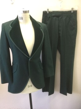 AFTER SIX, Forest Green, Polyester, Cotton, Solid, Tuxedo, Single Breasted, 1 Button, Oversized Velvet Lapel with Rounded Edges, 1/2" Wide Satin Trim at Edges, Cutaway Style Coat with Large Vent at Center Back, 2 Pockets,