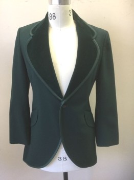 AFTER SIX, Forest Green, Polyester, Cotton, Solid, Tuxedo, Single Breasted, 1 Button, Oversized Velvet Lapel with Rounded Edges, 1/2" Wide Satin Trim at Edges, Cutaway Style Coat with Large Vent at Center Back, 2 Pockets,