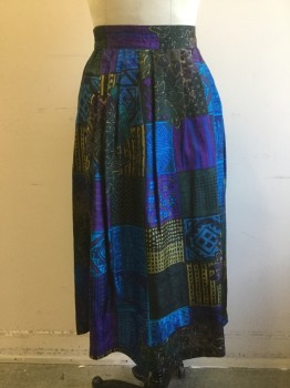 OPTIONS, Dk Green, Purple, Blue, Avocado Green, Silk, Novelty Pattern, Skirt - Patchwork-Like Print, Elasticated Back Waist