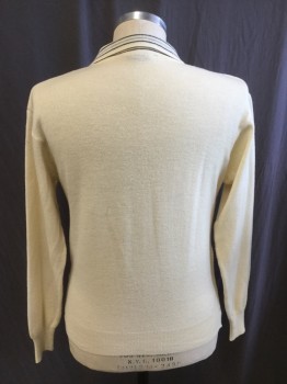 DON LOPER, Cream, Gray, Charcoal Gray, Acrylic, Wool, Solid, Stripes, Pullover, Long Sleeves, Ribbed Knit Cuff, V-neck, Stripe Under V-neck Panel, Collar Attached, 1 Button Loop