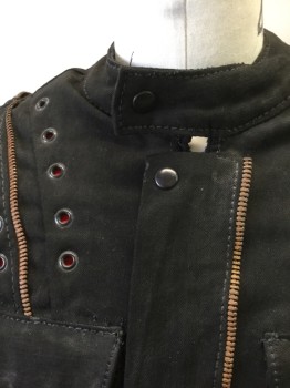 JUNKER DESIGNS, Black, Cotton, Solid, Heavy Twill, Zip Front, Many Decorative Zippers Throughout, Stand Collar, 2 Flap Pockets at Chest, Various Black Metal Grommets and Self Horizontal Straps, Steampunk/Bondage Look, Red Lining, Contemporary Item Used As Sci Fi/Fantasy