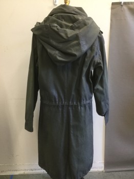 NL, Olive Green, Cotton, Solid, Canvas, Attached Hood, Zip Front, Drawstring Waist/ Hem,Pocket Flaps, Very Heavy