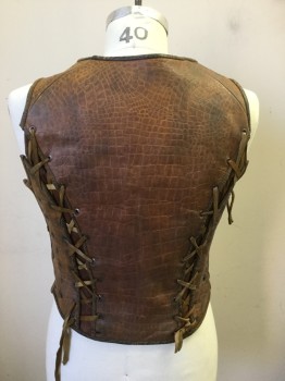 MTO, Brown, Leather, Solid, Greek/Roman Soldier Breast Plate. Crocodile Patterned Leather, Lace Up Panel Details Front and Back, Adjustable Size At Sides with Leather Lacing, White with Black Pin Stripe Lining