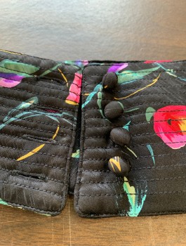 Black, Fuchsia Pink, Sage Green, Purple, Goldenrod Yellow, Silk, Floral, Matching Belt, 3.5" Wide, Self Fabric with Horizontal Rows of Stitching, 4 Self Fabric Buttons in Front
