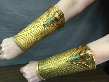 MTO, Gold, Turquoise Blue, Blue, Leather, Metallic/Metal, Reptile/Snakeskin, Gauntlets, Gold Reptile Embossed Leather Gauntlet with Gold Metal Falcon Head with Turq Beading & Blue Rhinestone Eyes, Hidden Zip Up Cuff