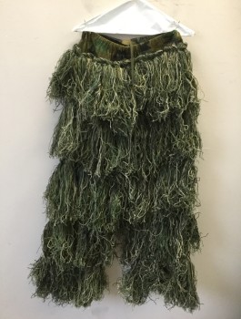 N/L, Olive Green, Dk Olive Grn, Brown, Beige, Nylon, Cotton, Camouflage, Camo Patterned Mesh/Net, Elastic and Drawstring Waist, Covered in String Fringe in Shades of Olive/Brown/Beige, Hunting Tactical Gear