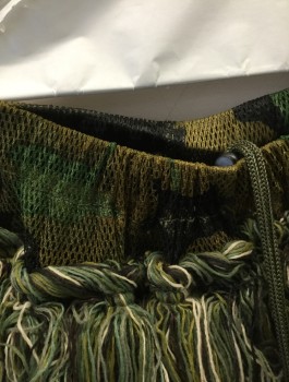 N/L, Olive Green, Dk Olive Grn, Brown, Beige, Nylon, Cotton, Camouflage, Camo Patterned Mesh/Net, Elastic and Drawstring Waist, Covered in String Fringe in Shades of Olive/Brown/Beige, Hunting Tactical Gear