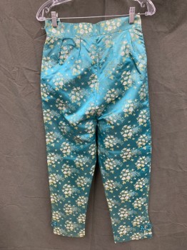 N/L, Turquoise Blue, Yellow, White, Silk, Floral, Floral Jacquard, High-Waisted, Side Button Up, 2 Pockets, 2" Waistband, Frogs at Side Hem Slits