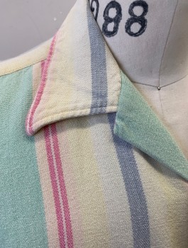 POLO RALPH LAUREN, Mint Green, Lt Yellow, Pink, Gray, Cotton, Stripes - Vertical , Pastel Stripes, Thick Material, Short Sleeves, Button Front, Collar Attached, 2 Patch Pockets with Button Closure