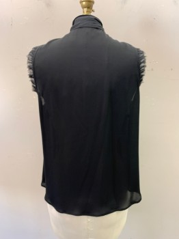 CINQ A SEPT , Black, Silk, Sheer, Neck Tie Attached, Button Front, Sleeveless, Ruffle Trim on Arm Holes
