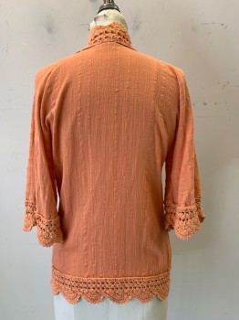 NO LABEL, Coral Orange, Cotton, Solid, Cardigan, Mid Sleeve, Knit Lace Trim, 3 Buttons,