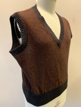 N/L MTO, Dk Brown, Rust Orange, Wool, 2 Color Weave, Pullover, V-neck, Dotted/Speckled Body with Solid Dark Brown Armholes, Waist and Neck, Made To Order Multiples