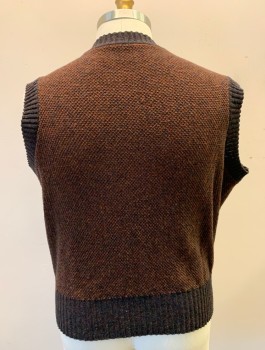 N/L MTO, Dk Brown, Rust Orange, Wool, 2 Color Weave, Pullover, V-neck, Dotted/Speckled Body with Solid Dark Brown Armholes, Waist and Neck, Made To Order Multiples