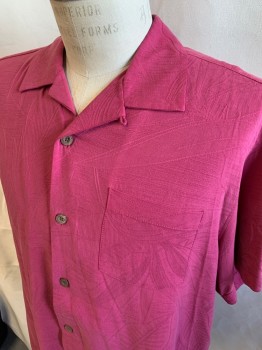TOMMY BAHAMA, Raspberry Pink, Silk, Leaves/Vines , Short Sleeves, Button Front, Wood Buttons, Open Collar, Chest Pocket