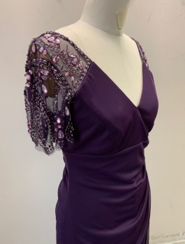 XCSCAPE, Aubergine Purple, Polyester, Beaded, Solid, Sheer Net Cap Sleeves with Beading, Gemstones and Sequins, V-neck, Empire Waist, Pleated Detail at Waist, Floor Length, Invisible Zipper in Back