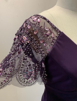 XCSCAPE, Aubergine Purple, Polyester, Beaded, Solid, Sheer Net Cap Sleeves with Beading, Gemstones and Sequins, V-neck, Empire Waist, Pleated Detail at Waist, Floor Length, Invisible Zipper in Back