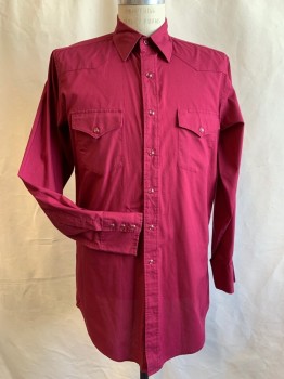 WHITE HOUSE, Cranberry Red, Polyester, Cotton, Solid, Snap Front, Collar Attached, Western Yoke, 2 Flap Snap Pockets, Long Sleeves, Snap Cuff