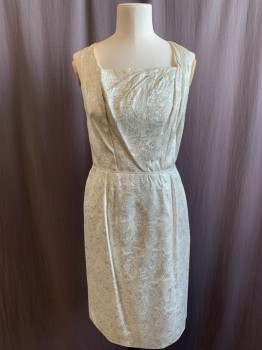 LILLI DIAMOND, Silver, Cream, Lurex, Silk, Floral, Dress, Square Neck, Sleeveless, Pleated at Shoulders and at Neck Left Side, Piping Detail at Waist, Back Zip, Slight Racer Back, Knee Length