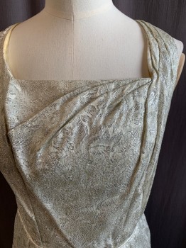 LILLI DIAMOND, Silver, Cream, Lurex, Silk, Floral, Dress, Square Neck, Sleeveless, Pleated at Shoulders and at Neck Left Side, Piping Detail at Waist, Back Zip, Slight Racer Back, Knee Length