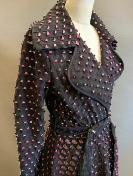 WHY DRESS, Black, Iridescent Pink, Silver, Polyester, Triangles, Textured Material with Cutout Triangles That Curl Up to Reveal Fishnet, Long Sleeves, Notched Collar, 2 Snap Closures at Waist Seam, Belt Loops, ***with Matching Belt