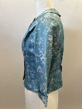 N/L, Dusty Blue with Gray/Olive/Cream Floral, SB. 4 Self Covered Buttons, Novelty Collar with Notches And Bow Detail, Cuffed 3/4slvs, Back Peplum with Bow CB