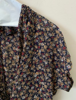 EXPRESS, Tan Brown, Navy Blue, Multi-color, Polyester, Floral, V-N, S/S, Lacing At Bust, Ruched Shoulders, Long, Red, White, And Tan Flowers