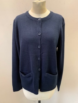 FRENCH TOAST, Navy Blue, Acrylic, Solid, Teenager, L/S, Button Front, 7 Plastic Buttons, Rib Knit, Welt Pockets