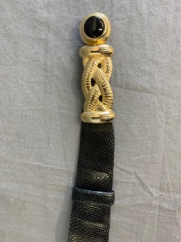 JUDITH LEIBER, Black, Gold, Leather, Metallic/Metal, Adjustable Snake Skin Texture Slide, Gold Rope with Black Center