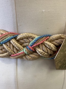 NL, Beige, Pink, Blue, Lt Green, Gold, Nylon, Metallic/Metal, Multi-colored Asst Cords Braided with Gold Metal Octagon Centerpiece, Gold Metal Fishhook Clasp