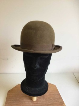 Tobacco Brown, Wool, Rayon, Solid, Medium Sized Bowler with Grosgrain Hat Band & Brim Trim