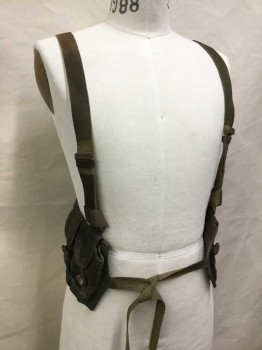 N/L, Olive Green, Cotton, Polyester, Solid, Utility Belt with Cross Straps, Tie Close, Barrel Buttons and Loops, Aged/Distressed, Multiples
