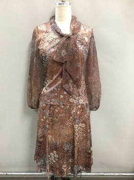 LADY CAROL, Brown, Dk Brown, Gray, Slate Blue, Polyester, Floral, Long Sleeves, Pullover, W/Self Bow Detail At Neck, Sleeves Are Sheer Chiffon, Elastic Cuffs, Zipper At Center Back Late 1970's