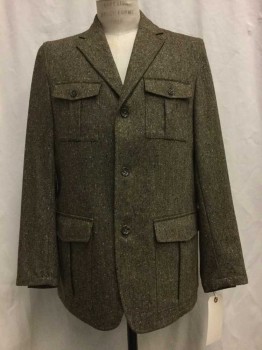 CARROLL & CO, Brown, Wool, Heathered, Heather Brown, Button Front, 4 Flap Pockets, Notched Lapel,