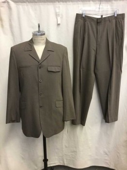 ENZO, Brown, Wool, Solid, Notched Lapel, 4 Buttons, 4 Faux Pockets