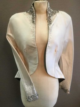 N/L, Cream, Black, Silk, Beaded, Solid, Clear and Black Beaded Detail Clustered Around Neckline,Shoulders, Center Front and Cuffs, Open Center Front, with No Closures, Tailcoat Like Shape with Longer Hem In Back Than Front, Shoulder Pads, **Has Some Gray Smudges On Right Side Just Below Shoulder