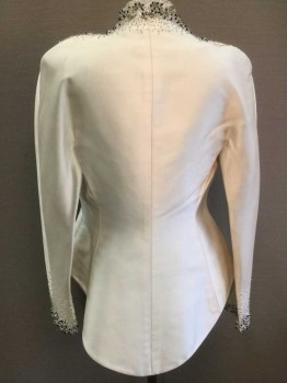 N/L, Cream, Black, Silk, Beaded, Solid, Clear and Black Beaded Detail Clustered Around Neckline,Shoulders, Center Front and Cuffs, Open Center Front, with No Closures, Tailcoat Like Shape with Longer Hem In Back Than Front, Shoulder Pads, **Has Some Gray Smudges On Right Side Just Below Shoulder