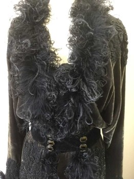 N/L, Smoky Black, Black, Dk Gray, Silk, Feathers, Floral, Solid, Dark Smoky Gray Velvet, Long Sleeves, Black Curly Feather Trim at Neck, Center Front and Edge of Top Skirt Tier, Cuffs, Black Sheer Net Lace with Black Beading Appliqués Throughout, 2" Wide Black Velvet Waistband with 4 Decorative Gold Buttons with Black Jewels, Modesty Panel at Bust/Stomach with Sheer Black Net Over Solid Gray, Hidden Hook & Eye Closures, Skirt is 2 Tiers, with Fuller Peplum Layer on Top and Hobble Skirt Underlayer, Floor Length Hem, Made To Order